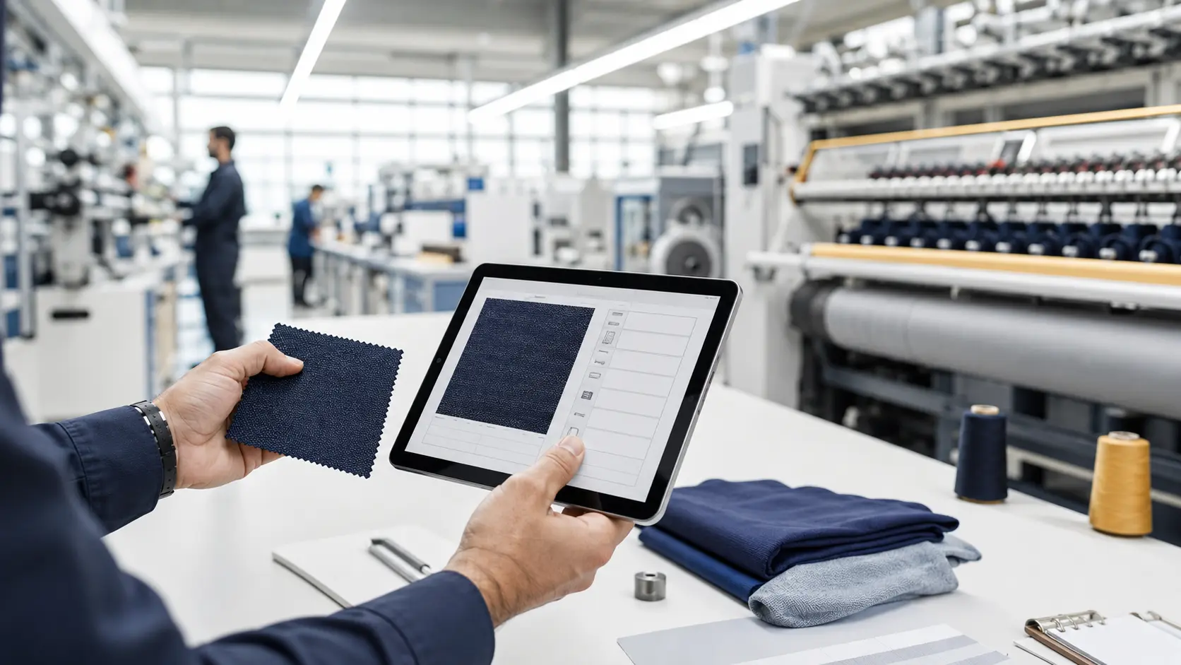 Quality engineer comparing a textile sample with digital production specifications in a modern Turkish factory